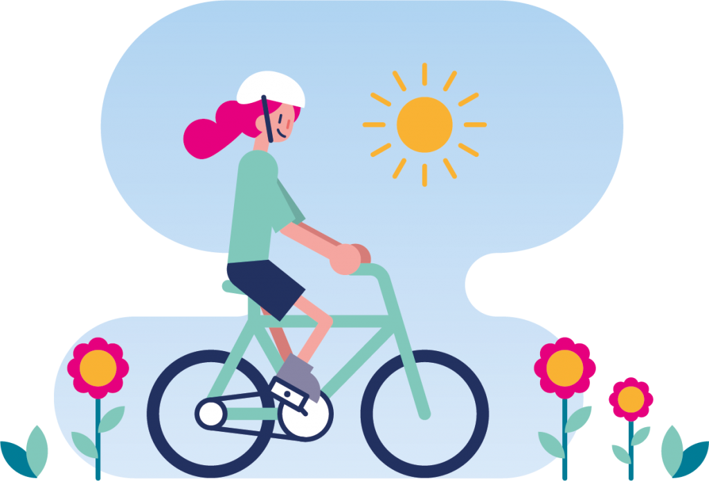 this is an illustration of a girl cycling through the countryside on a sunny day.