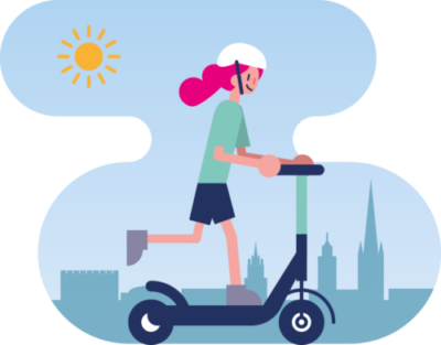This is an illustration of a girl using an electric scooter in an urban area.