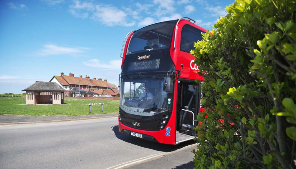 This is an image of a bus in Hunstanton on a sunny day.