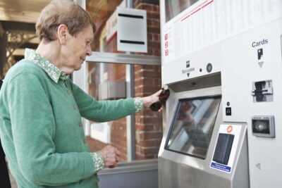 elderly woman buying a train ticket at the train station