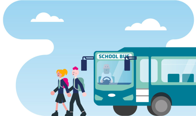 This is an illustration of two pupils getting off of the school bus to go to school. 
